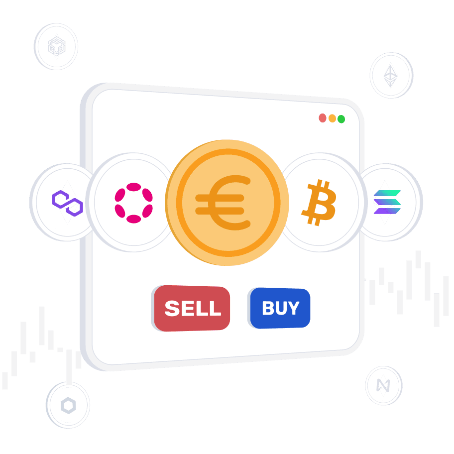 A render of buying and selling cryptocurrencies such as Bitcoin, Solana, DOT and Ethereum.